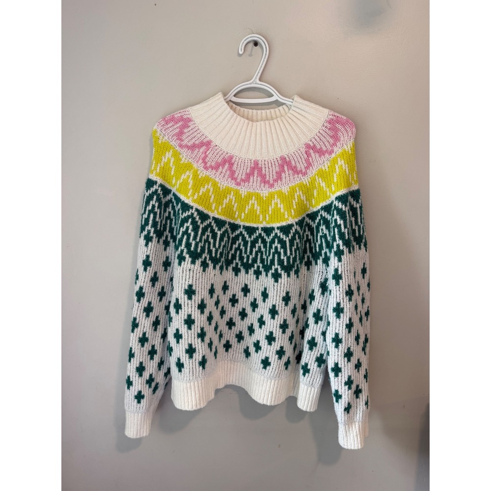 Old Navy Womens Large Pink Yellow Green Fair Isle Go-Recycled Mock Neck‎ Sweater